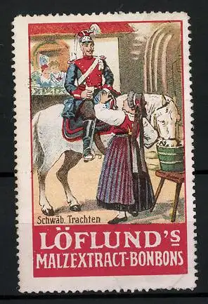 Reklamemarke Löflund's Nähr-Maltose, Serie: Schwäbische Trachten, Soldat zu Pferd trifft auf Frau in Tracht