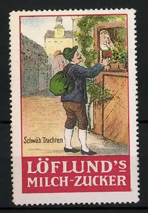 Reklamemarke Löflund's Nähr-Maltose, Serie: Schwäbische Trachten, verliebter Mann am Fenster