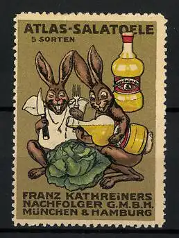 Reklamemarke Atlas-Salatoele, Franz Kathreiners Nachf. München, zwei Hasen machen einen Salatkopf an