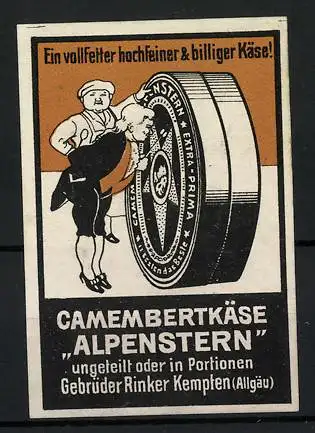 Reklamemarke Alpenstern Camembertkäse, ein vollfetter hochfeiner & billiger Käse, Gebrüder Rinker, Kempten, Dose