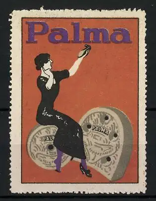 Reklamemarke Palma Schuhabsätze, Dame hält einen Schuh