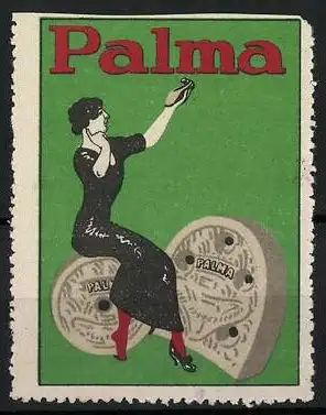 Reklamemarke Palma Schuhabsätze, Dame hält einen Schuh