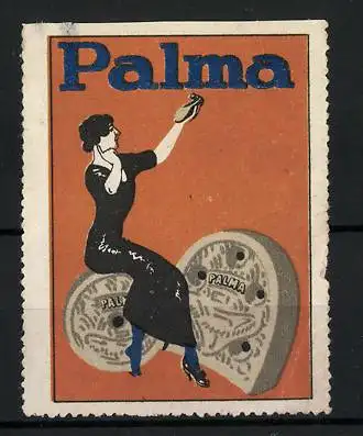 Reklamemarke Palma Gummi-Absätze, Frau mit Schuh