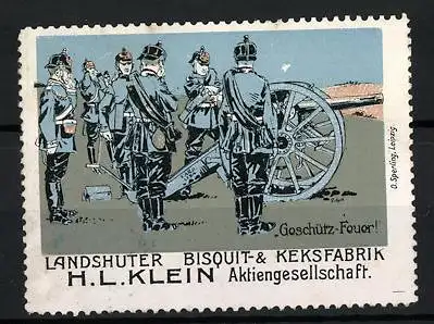 Reklamemarke Landshut, Landshuter Bisquit- und Keksfabrik H. L. Klein AG, Soldaten am Geschütz-Feuer