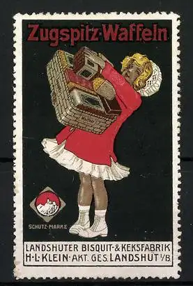 Reklamemarke Zugspitz-Waffeln, Landshuter Bisquit- und Kekesfabrik H. L. Klein, Landshut, Mädchen mit Korb