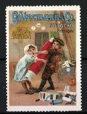 Reklamemarke Gütermann & Co., beste Schappe-Nähseide, Kinderpaar streitet sich um eine Garnrolle