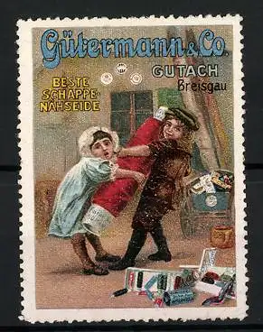 Reklamemarke Gütermann & Co., beste Schappe-Nähseide, Kinderpaar streitet sich um eine Garnrolle