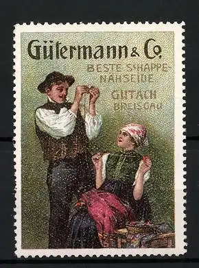 Reklamemarke Gütermann & Co., beste Schappe-Nähseide, Paar in Gutacher Tracht beim Nähen
