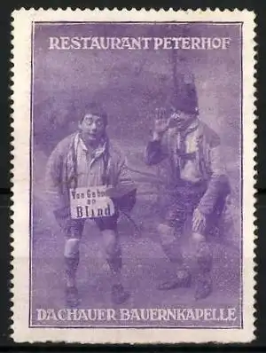 Reklamemarke Restaurant Peterhof, zwei Mitglieder der Dachauer Bauernkapelle in einer Szene, Humoristen