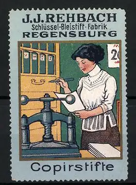 Reklamemarke Regensburg, Schlüssel-Bleistift-Fabrik J. J. Rehbach, Copirstifte, Sekretärin im Büro