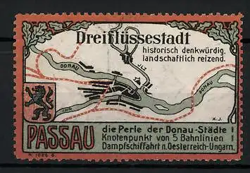 Reklamemarke Passau, die Perle der Donau-Städte, Dreiflüssestadt, historisch denkwürdig - landschaftlich reizend