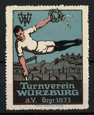 Reklamemarke Würzburg, Turnverein Würzburg a.V., Gegr. 1873, Springer mit Siegerkranz