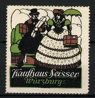 Reklamemarke Würzburg, Kaufhaus Seisser, elegant gekleidetes Paar nach dem Einkauf
