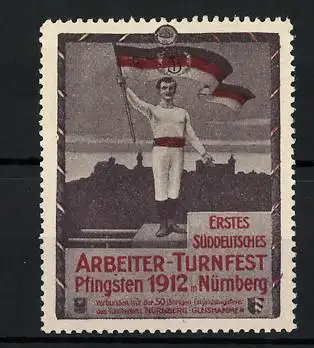 Reklamemarke Nürnberg, Erstes Süddeutsches Arbeiter-Turnfest 1912, Sportler mit Flagge auf der Siegertreppe