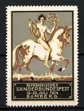 Reklamemarke Bamberg, XII. Fränkisches Sängerbundesfest 1914, nackter Sänger mit Lyra auf Pferd