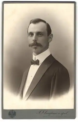 Fotografie J. F. Langhans a Spol, Pilsen, Smetanovy Sadys, Eleganter Herr mit Schnurrbart und Fliege