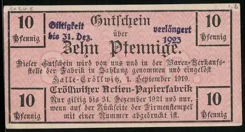 Notgeld Cröllwitz 1919, 10 Pfennig, Cröllwitzer Actien-Papierfabrik, unterlegtes Firmenkürzel
