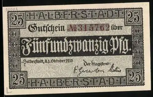 Notgeld Halberstadt 1918, 25 Pfennig, Wappenzeichen, Ornamente