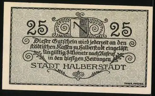 Notgeld Halberstadt 1918, 25 Pfennig, Wappenzeichen, Ornamente