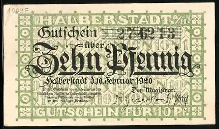 Notgeld Halberstadt a. H. 1920, 10 Pfennig, Wappen, Gebäudeansichten, Ornamente