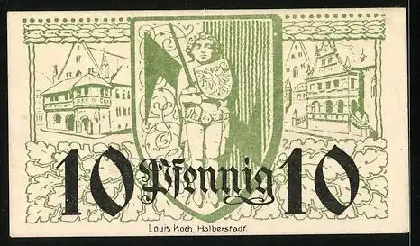 Notgeld Halberstadt a. H. 1920, 10 Pfennig, Wappen, Gebäudeansichten, Ornamente