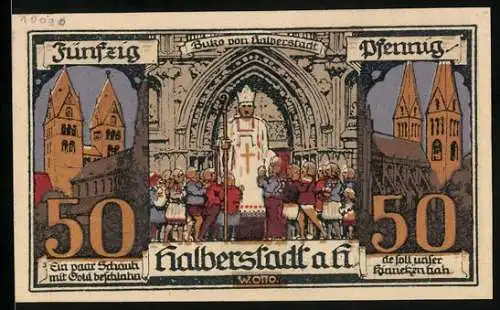 Notgeld Halberstadt a. H. 1921, 50 Pfennig, Wappenfigur, Kirchen, Buko von Halberstadt