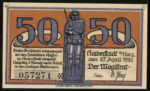 Notgeld Halberstadt a. H. 1921, 50 Pfennig, Wappenfigur, Kirchen, Buko von Halberstadt