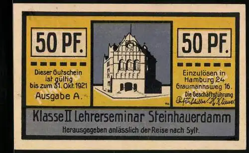 Notgeld Hamburg 1921, 50 Pfennig, Klasse II Lehrerseminar Steinhauerdamm, Syltreise, Segelschiff, Eisenbahn