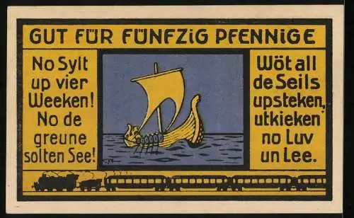 Notgeld Hamburg 1921, 50 Pfennig, Klasse II Lehrerseminar Steinhauerdamm, Syltreise, Segelschiff, Eisenbahn