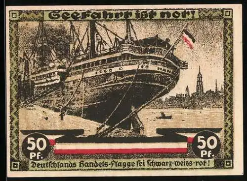 Notgeld Hamburg 1921, 50 Pfennig, Kultur- und Sportwoche, Schiff mit Stadtpanorama, Antiker Athlet und Säule