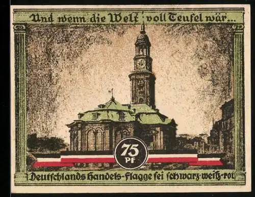 Notgeld Hamburg 1921, 75 Pfennig, Kultur- und Sportwoche, Hauptkirche St. Michaelis, Antiker Athlet und Säule