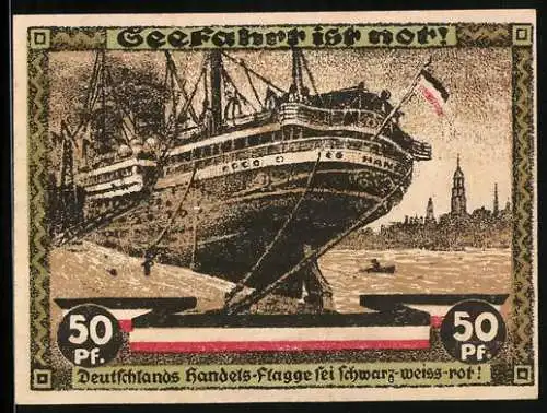 Notgeld Hamburg 1921, 50 Pfennig, Kultur- und Sportwoche, Hafenpartie, Schiff mit Stadtpanorama, Antiker Athlet u. Säule