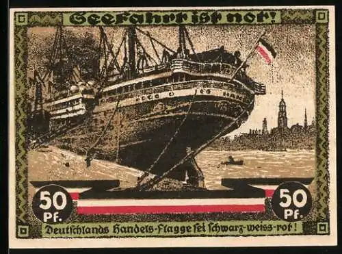 Notgeld Hamburg 1921, 50 Pfennig, Kultur- und Sportwoche, Schiff mit Stadtblick, Antiker Athlet und Säule