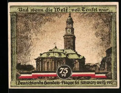 Notgeld Hamburg 1921, 75 Pfennig, Kultur- und Sportwoche, St. Michaelis, Antiker Athlet und Säule