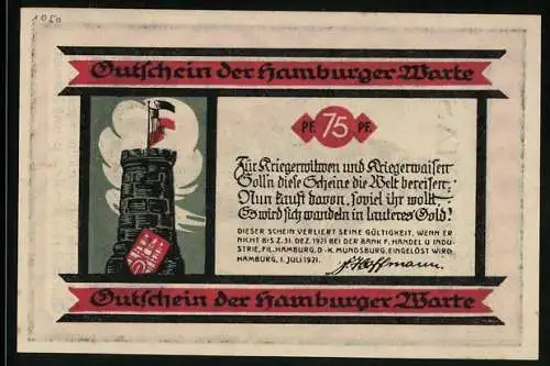 Notgeld Hamburg 1921, 75 Pfennig, Hamburger Warte, Caritas, Maria mit Kindern