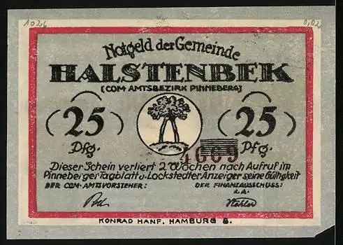 Notgeld Halstenbek /Pinneberg, 25 Pfennig, Wappen, Abholzung an einer Strasse mit Fuhrwerken