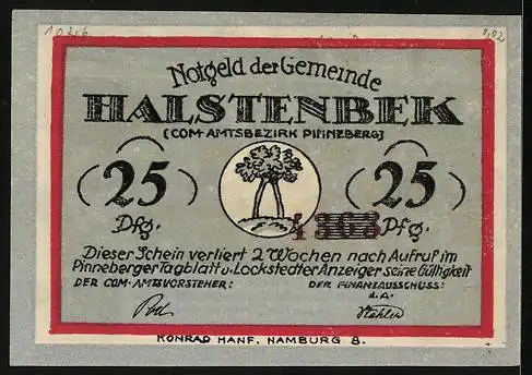 Notgeld Halstenbek /Pinneberg, 25 Pfennig, Wappen, Holzlager und -transport