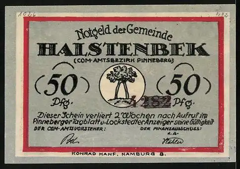 Notgeld Halstenbek /Pinneberg, 50 Pfennig, Wappen, Bodenaufbereitung nach Rodung