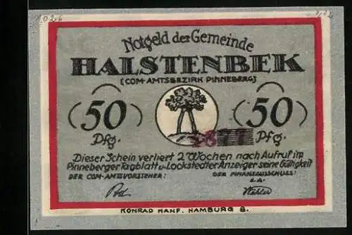 Notgeld Halstenbek /Pinneberg, 50 Pfennig, Wappen, Felder mit Turm-Panorama