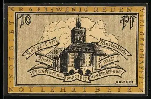 Notgeld Frankfurt a. O. 1921, 10 Pfennig, Wappen, Marienkirche mit Stadthaus