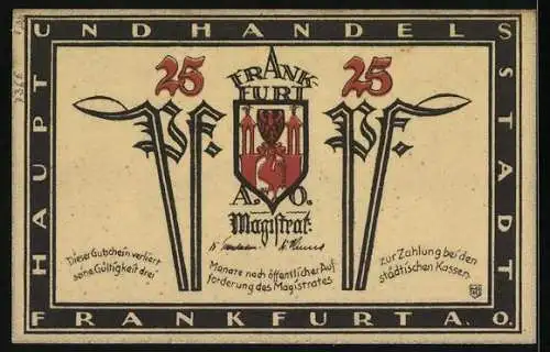 Notgeld Frankfurt a. O. 1921, 25 Pfennig, Wappen, Rathaus von Norden
