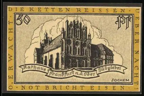 Notgeld Frankfurt a. O. 1921, 50 Pfennig, Wappen, Rathaus mit Südgiebel