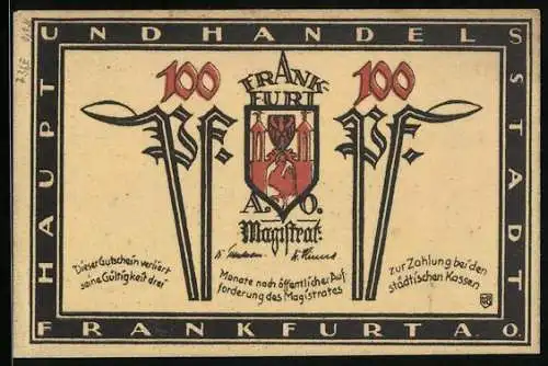 Notgeld Frankfurt a. O. 1921, 100 Pfennig, Wappen, Marienkirche von Süden
