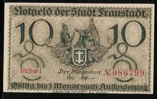 Notgeld Fraustadt, 10 Pfennig, Wappen mit Königspaar, grosses Turm-Gebäude