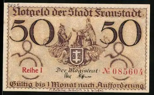 Notgeld Fraustadt, 50 Pfennig, Wappen mit Königspaar, grosses Turm-Gebäude