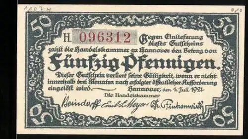 Notgeld Hannover 1921, 50 Pfennig, florale Ornamente, Flusspartie, Handwerks-Symbole