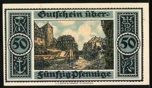 Notgeld Hannover 1921, 50 Pfennig, florale Ornamente, Flusspartie, Handwerks-Symbole