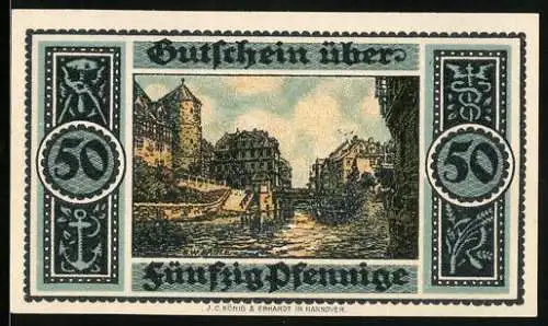 Notgeld Hannover 1921, 50 Pfennig, florale Ornamente, Flusspartie mit Turm, Handwerks-Symbole