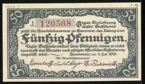 Notgeld Hannover 1921, 50 Pfennig, florale Ornamente, Flusspartie mit Turm, Handwerks-Symbole