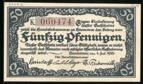 Notgeld Hannover 1921, 50 Pfennig, florale Ornamente, Flusspartie mit Turmpanorama, Handwerks-Symbole
